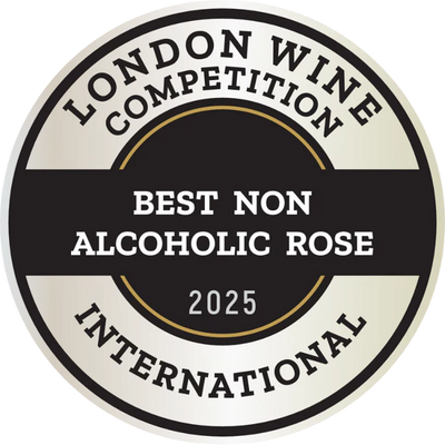Award badge for 'Best Non-Alcoholic Rose' at the London Wine Competition 2025