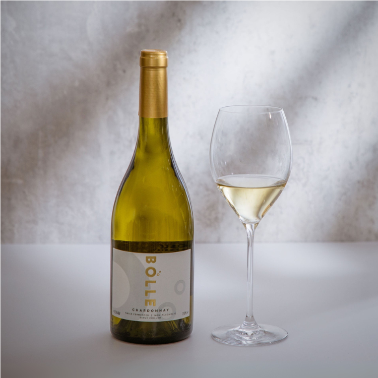 BOLLE Still Chardonnay non-alcoholic white wine bottle with glass, Gold Medal winner best alcohol-free Chardonnay