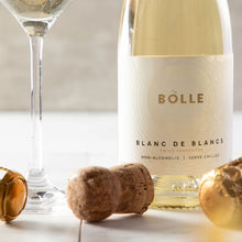 BOLLE Blanc de Blancs Demi 375ml non-alcoholic wine label close-up with champagne cork, twice-fermented premium alcohol-free wine