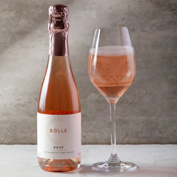 BOLLE Sparkling Rosé Demi 375ml non-alcoholic wine with glass, 93 points Wine Enthusiast, best non-alcoholic rosé