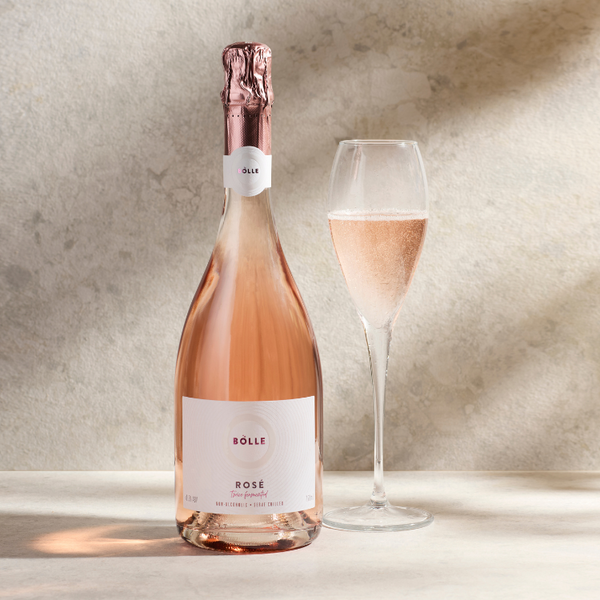 BOLLE Sparkling Rosé non-alcoholic wine bottle with glass, 93 points Wine Enthusiast, best non-alcoholic rosé