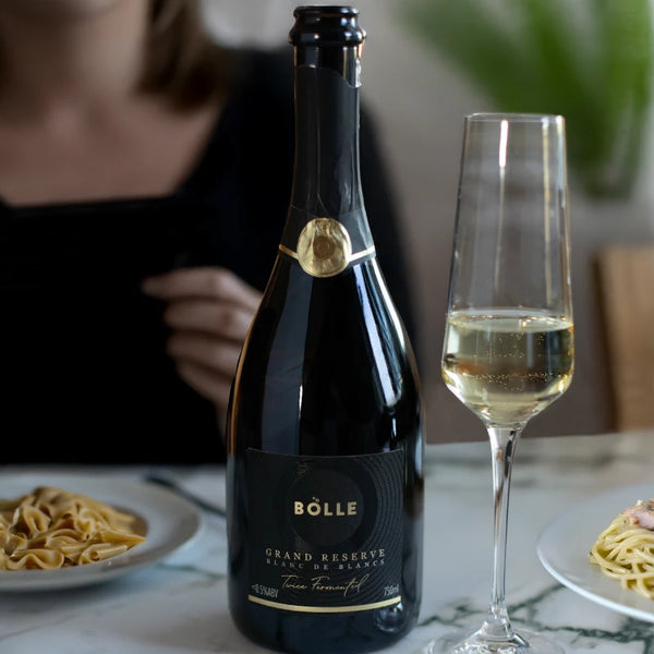 BOLLE Grand Reserve lees-aged non-alcoholic wine with pasta dinner, best alcohol-free wine for fine dining and food pairing
